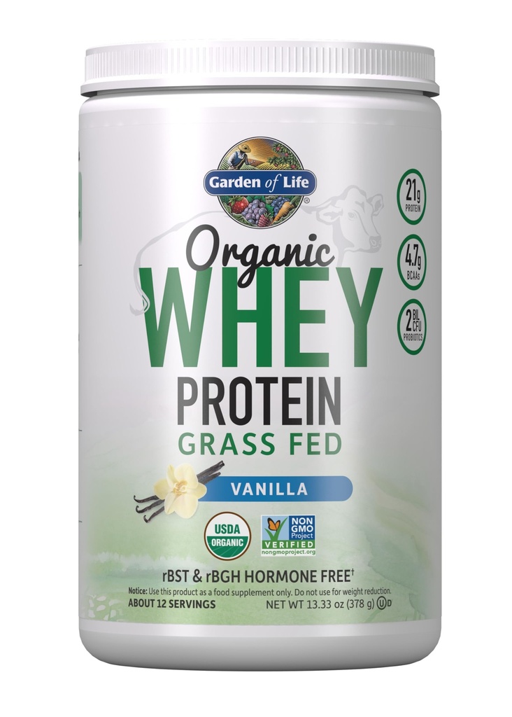 Zahrada života tráva Fed syrovátka protein prášek vanilka - 21g protein pro ženy a muže + probiotika - 12 Služeb - gluten zdarma, non GMO, Kosher, Humane, RBST & rBGH Hormon zdarma