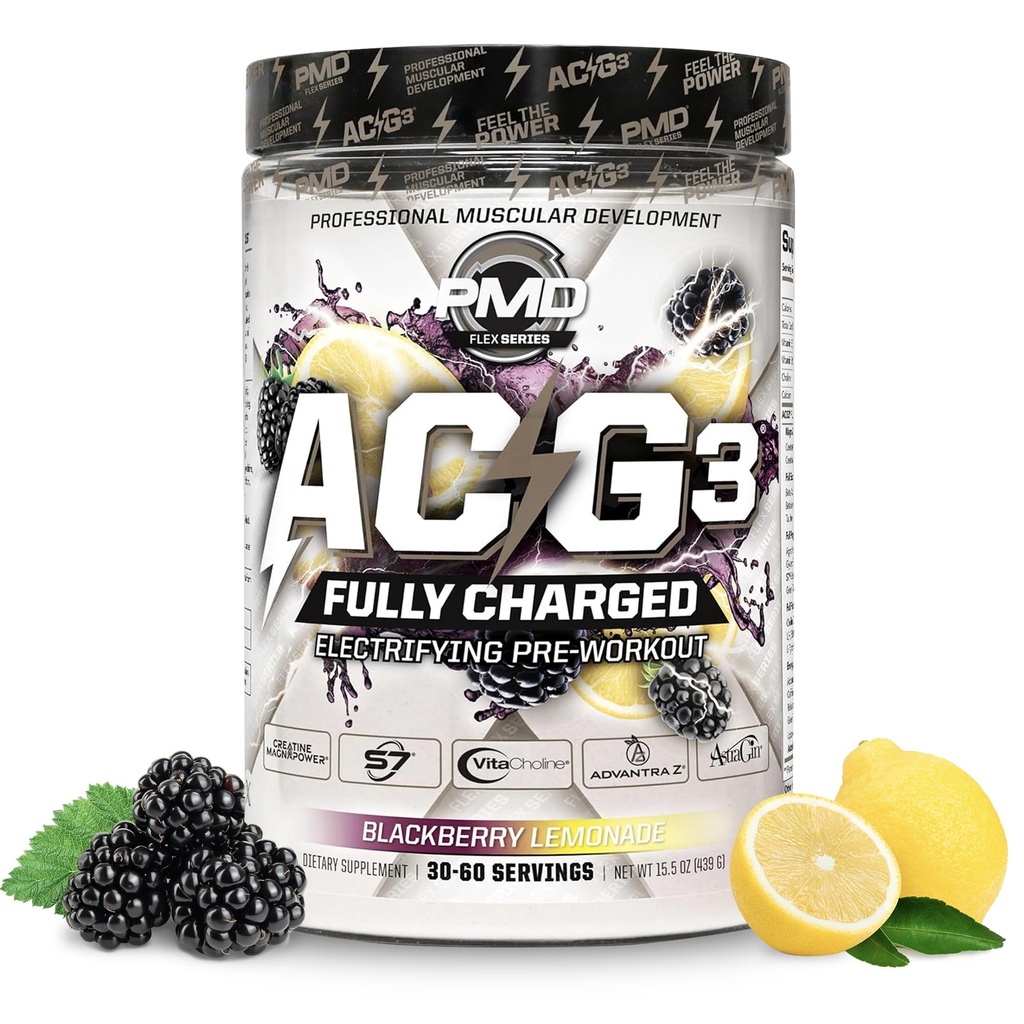 PMD Sports ACG3 Plně nabité - Elektrizující Pre Workout Powder - High Energy & Pump Pre Workout pro muže a ženy k maximalizaci zaměření, vytrvalost a výkon - BlackBerry Lemonade (30-60 Služeb)