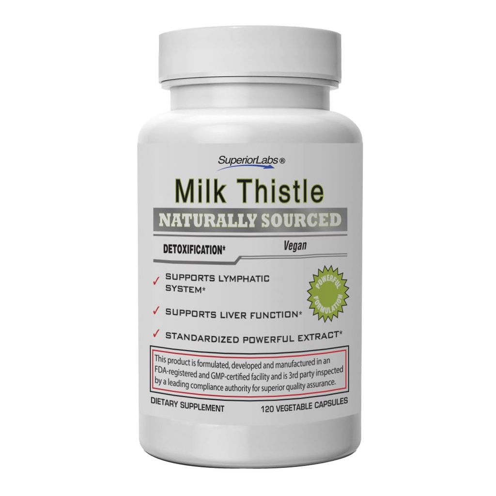 Superior Labs Mléko Thistle NonGMO - 80% Silymarin Flavonoidy - Výkonný vzorec pro zdravá játra, ledviny, detox a funkce, energie - 250mg 4: 1 Extract Výnosy 1,000mg, 120 Rostlinné Caps