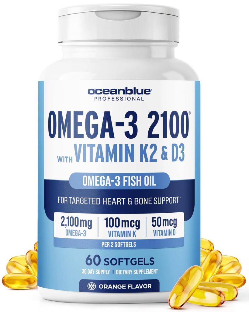 Oceanblue Professional Omega-3 2100 s vitaminem K2 a vitaminem D3-60 Count - Trojitá síla nepálený rybí olej Omega-3 dodatek s EPA, DHA & DPA - Wild Caught - Orange Flavor, 30 Služeb