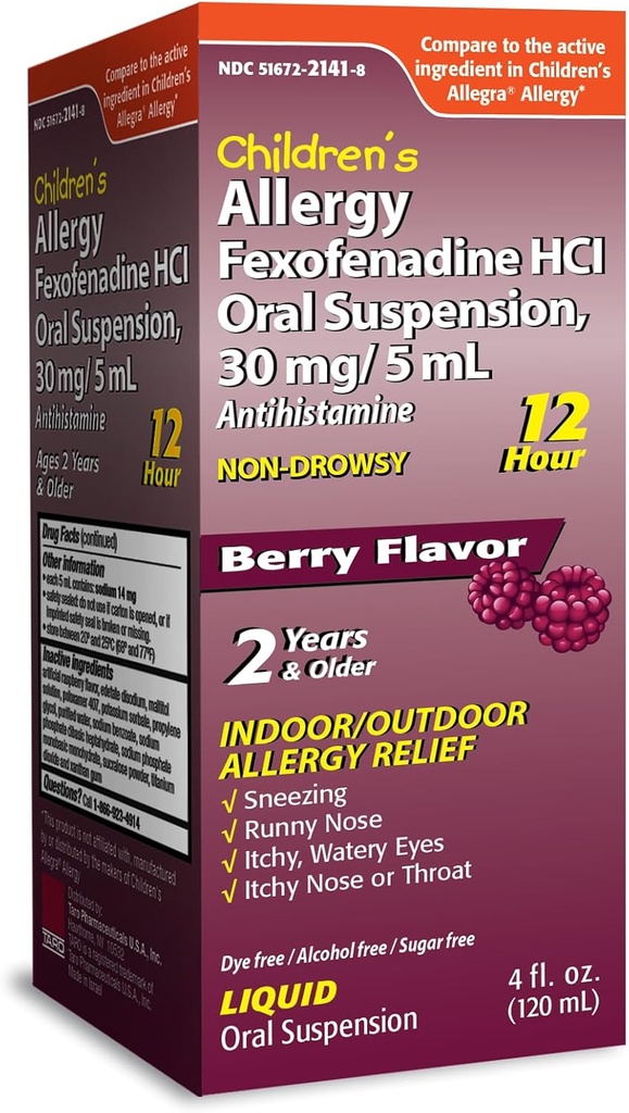 TARO Dětské 12HR Alergie Relief Non- ospalost Antihistamin Liquid, Berry Flavor, Alkoholicko-Free, Dye- Free & Sugar Free, Fexofenadine HCl (4 oz)