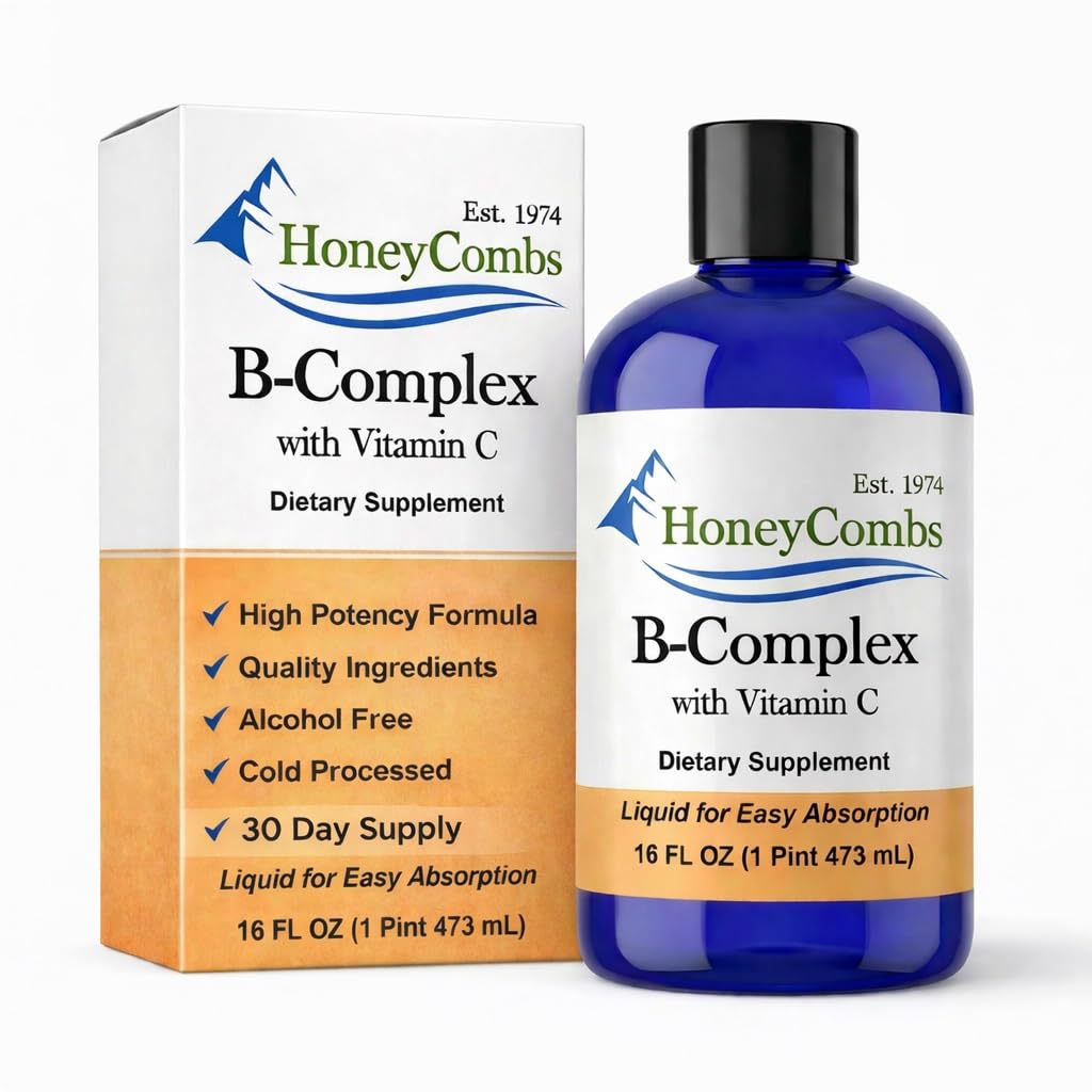 HoneyCombs vitamin B Complex Drops - Tekutý dodatek s vitaminem B1, B2, B3, B5, B6, B7, B9, B12 & Vitamin C - Super B Complex Vitamíny - Alkoholicko-volný doplněk tekutého vitamínu, 16 Fl Oz.