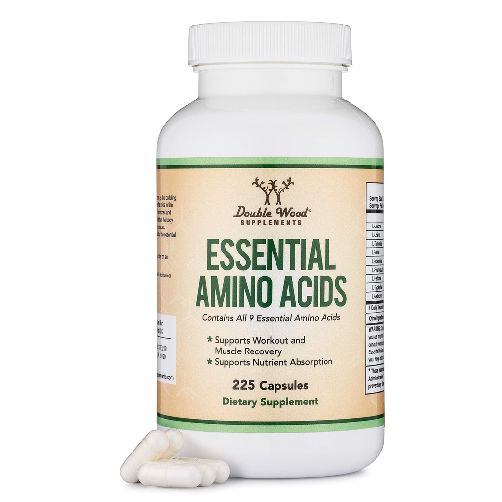 Esenciální aminokyseliny - 1 gram per Serving Powder Blend of All 9 Essential Aminos (EAA) and All Branched- Chain Aminos (BCAA) (Leucin, Isoleucin, Valine) 225 Kapsle, Gluten Free by Double Wood