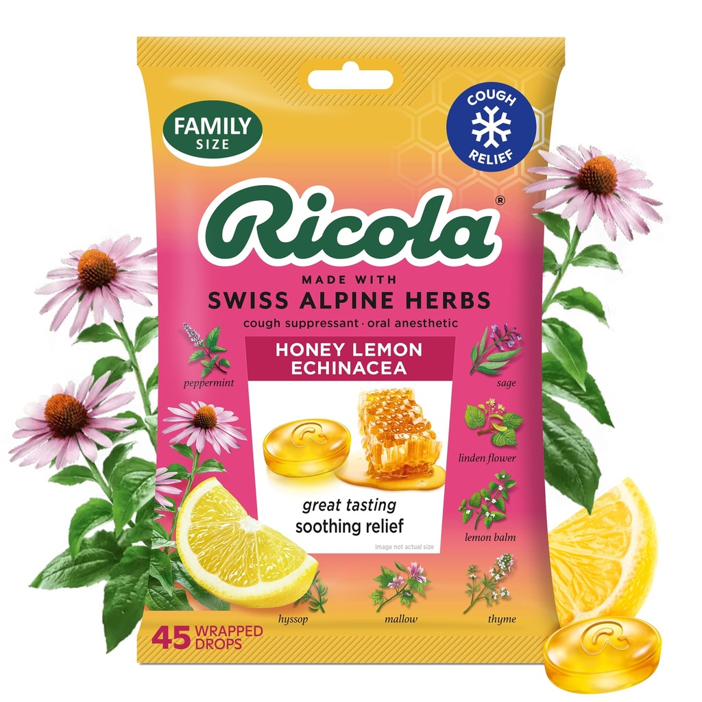 Ricola med Lemon s echinacea kašel kapky, 45 Počet, Delicious Krční pomoc & Péče, Orální anestetika, přirozeně ochucené