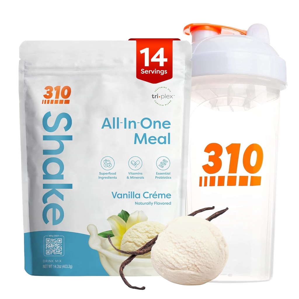 310 Nutrition All- in- One Meal Náhrada Shake Powder w / Shaker Cup Starter Kit - High Protein Fiber Rich Vegan Superfood Blend - Sugar- Free, Keto & Paleo Friendly, Low Carb - Vanilla Creme 14 srv