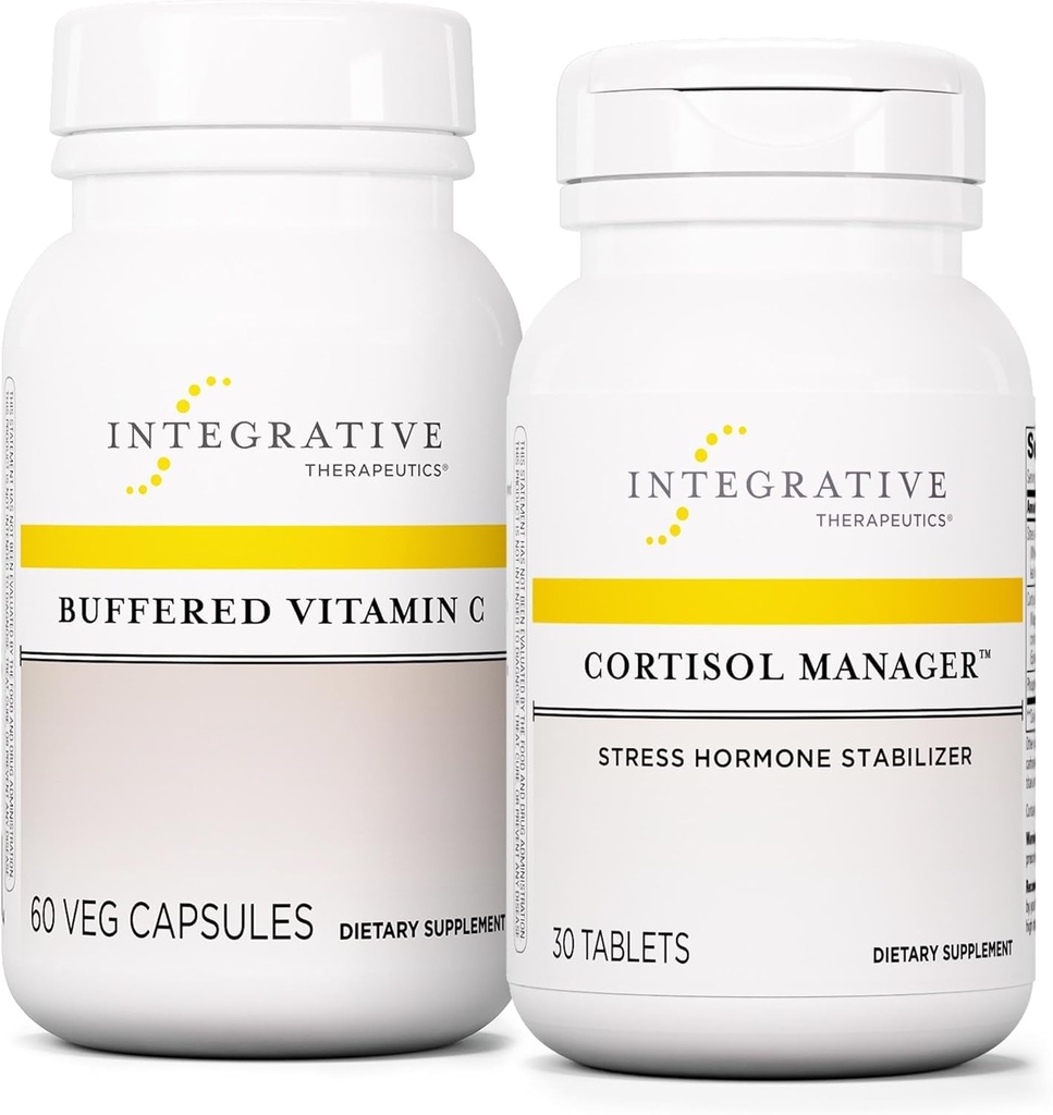 Integrační terapeutika Bundle s Cortisol Manager, 30 Tablety - Buffered Vitamin C Kapsle 1000 mg, 60 Vegan Kapsle - Stress Dodatek s Ashwagandha * - Imunitní dodatek s antioxidanty *