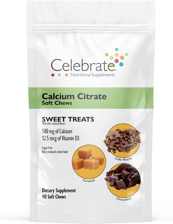Oslavte Vitamíny Bariatrické vápník Citrát Měkké Žvýkačky s vitamínem D3, 500mg, Sugar- Free & gluten- Free vápník Citrát pro bariatrické pacienty, Sladké léčby, 90 Počet