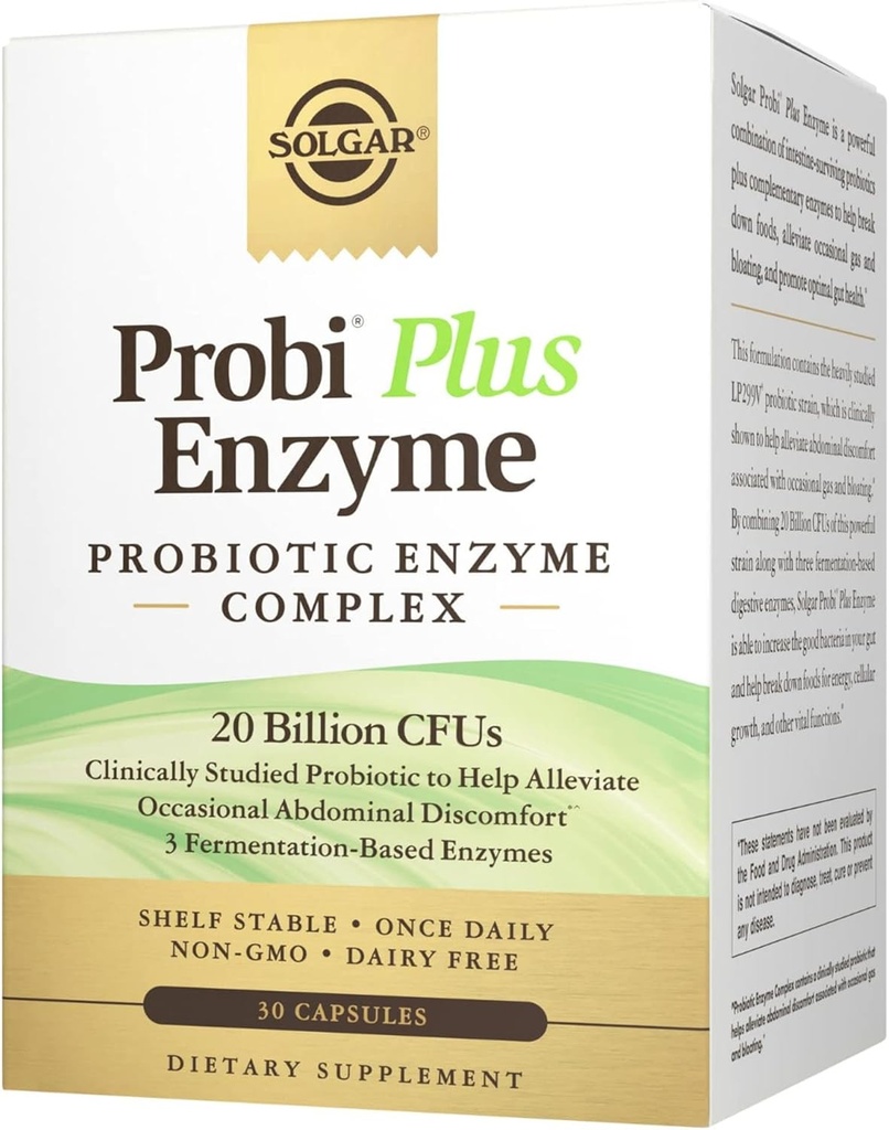 Solgar Probi Plus Enzyme Complex, 30 Kapsle - 20 Miliardy CFU Probiotic Plus Enzymy - Jednou denně - Klinicky-Studoval na zmírnění příležitostné plynu & floating - Non- GMO & Dairy Free, 30 Služeb