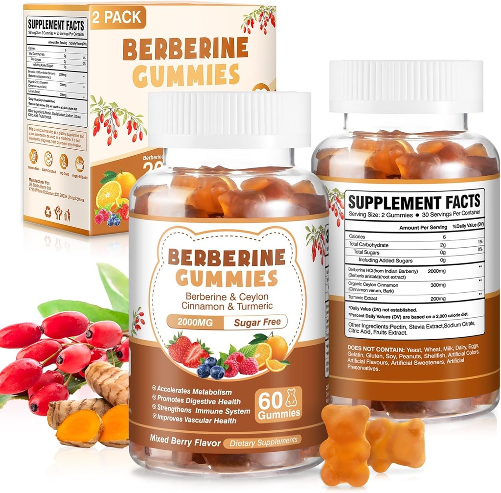 120 Count Berberine Extract Gummies 2000mg Natural Organic Berberine Extract HCI Dodatek s Ceylon Skořice Kurkuma pro ženy Muži Podpora Digitative imunitní systém Metabolismus Smíšený Berry Flavor