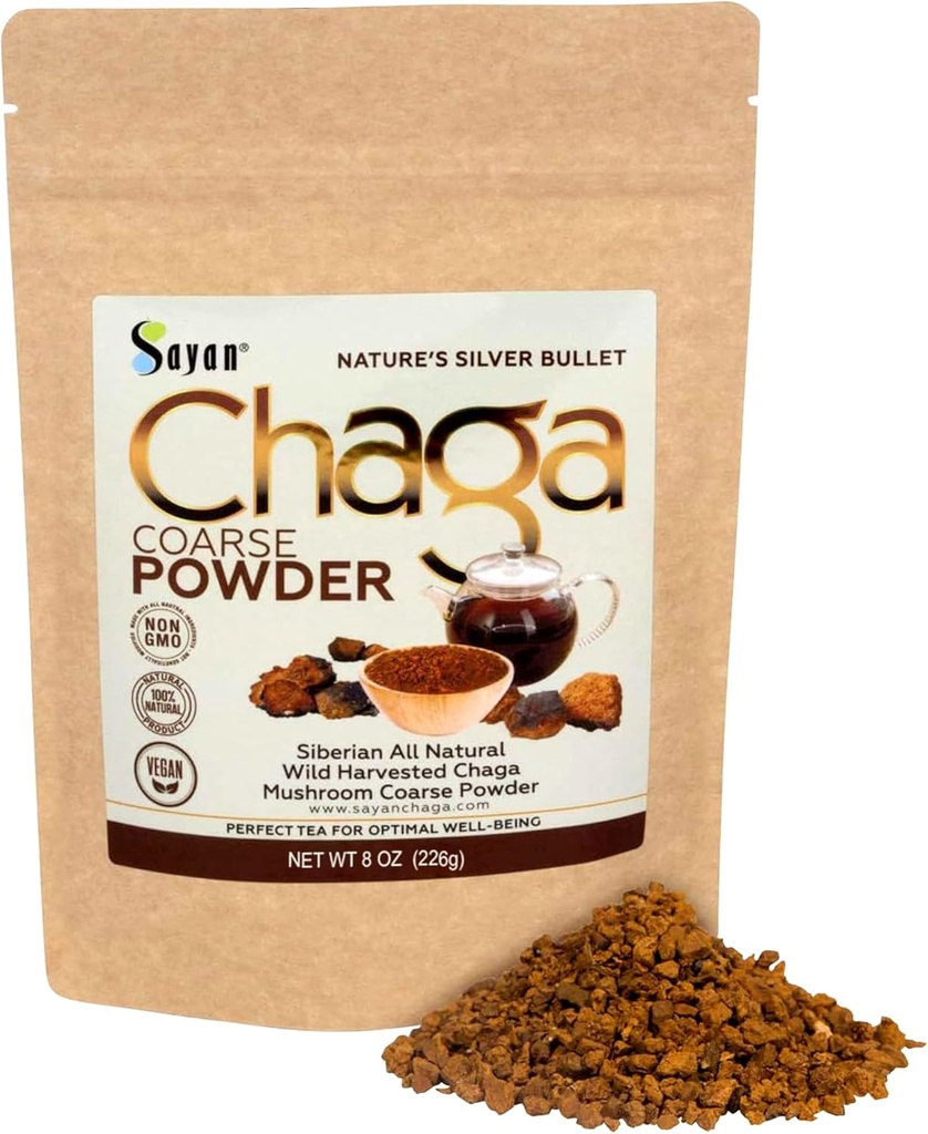 Sayan Sibiřský čistý syrový chaga Powder 8 Oz / 226g - Premium Wild Forest Harvested Super Antioxidant Tea - Podporuje imunitní systém a stravitelné zdraví - Focus, Energy, Clarity, Wellness - Non- GMO