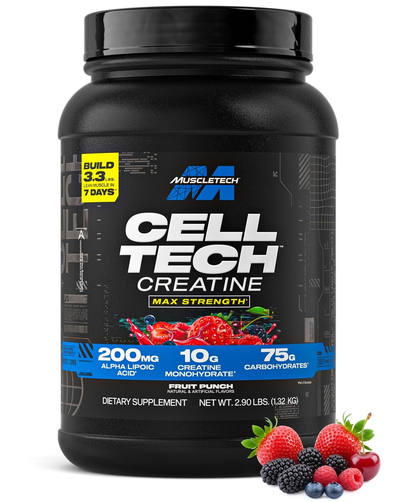 MuscleTech Creatine Monohydrát Powder Cell- Tech Creatine Post Cvičení Recovery Drink Muscle Builder Pro muže a ženy Muscle Building doplňky Ovocný punč, 3 libry (27 Serv)