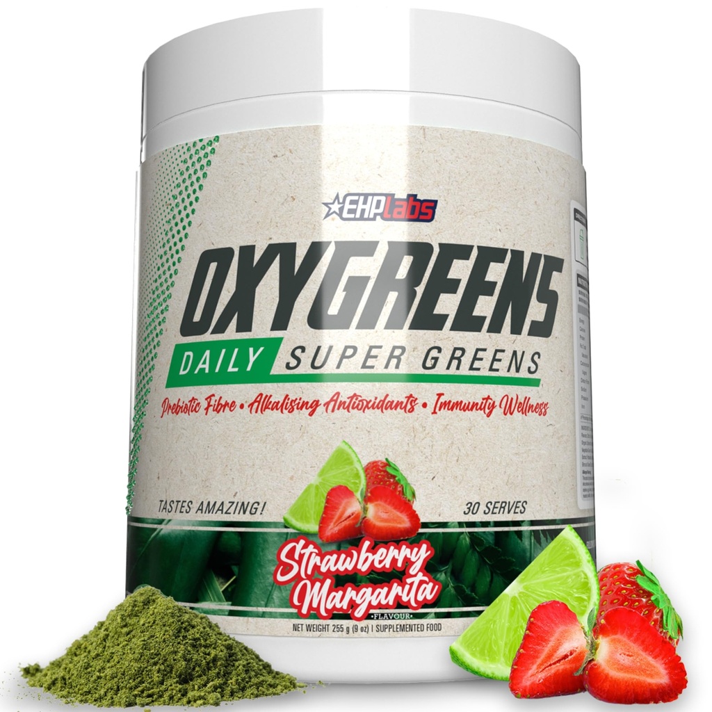 EHP Labs OxyGreens Super Green Powder - Spirulina & Chlorella Superfood, Green Juice Powder & Greens Doplňky s prebiotická vlákna, Antioxidanty & Imunity Support, 30 Slouží (Strawb. Margarita