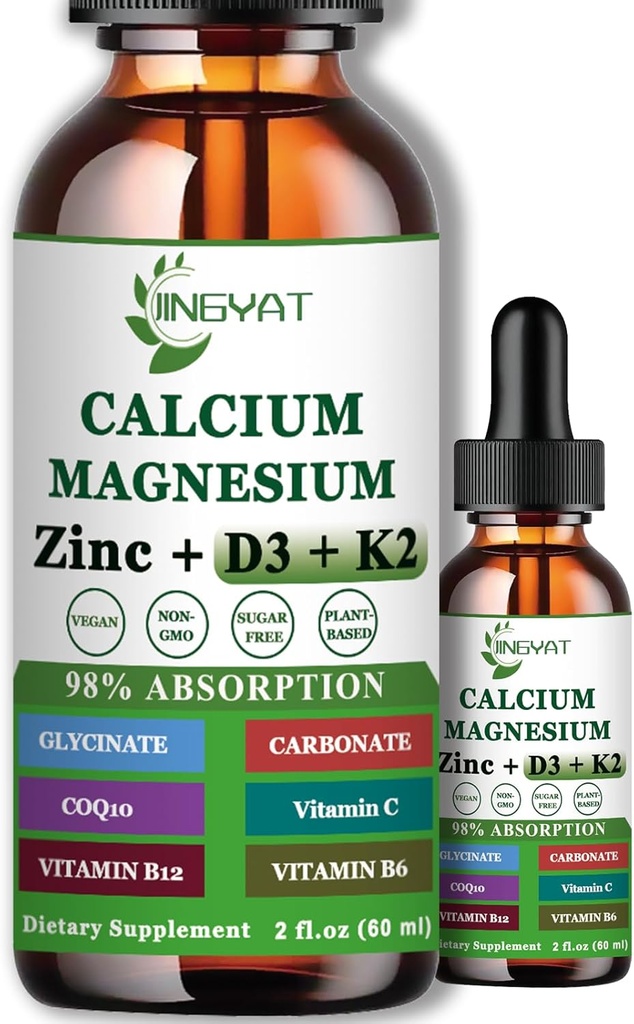 Kalcium Magnesium zink kapalné kapky, tekutý hořčík Glycinát 500 mg vápníku 1000 mg s vitamínem D3, K2, B6, B12, Coq10 pro sílu kostí, svalové funkce, 6X silnější než gumy Kapsle