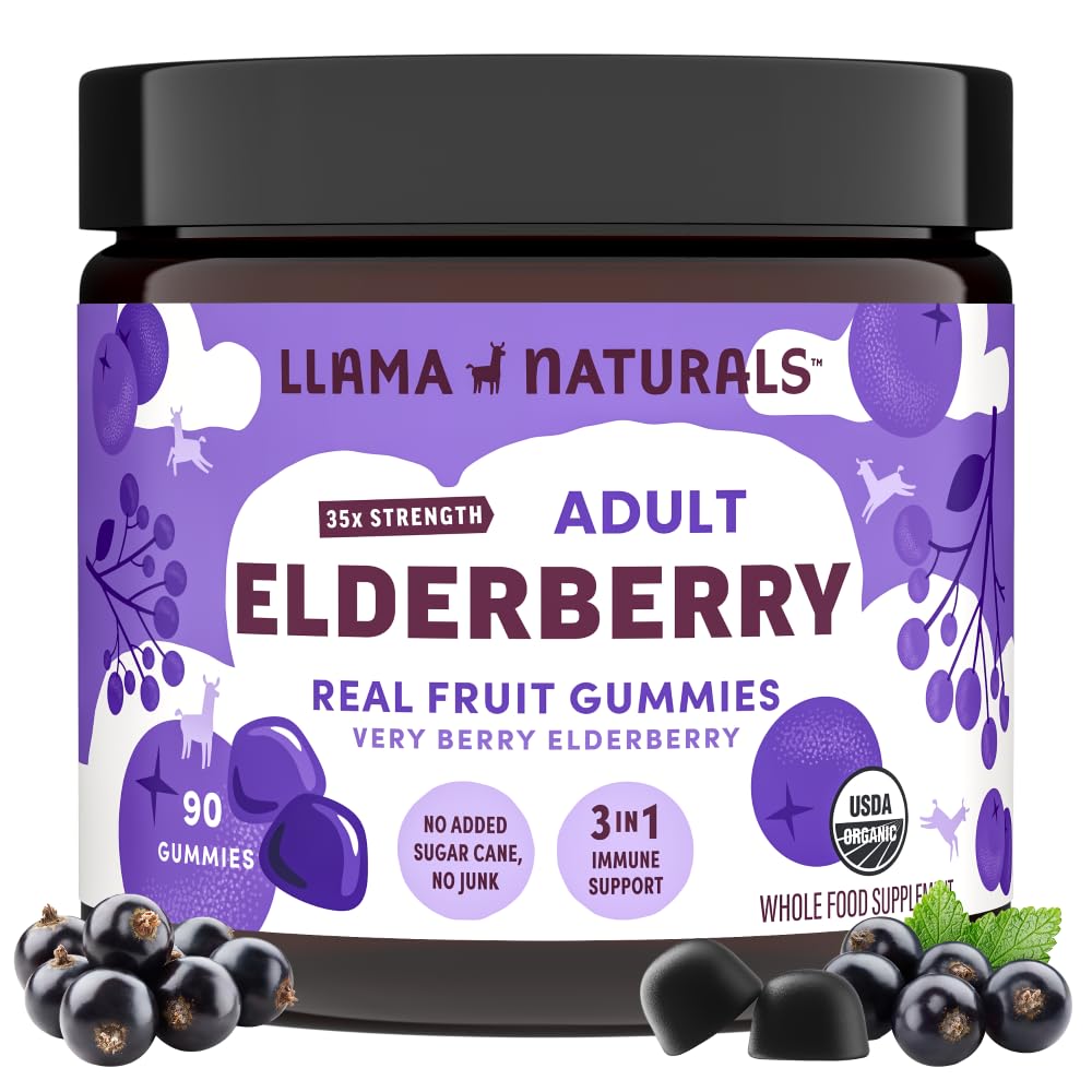 Llama Naturals Elderberry Gummies pro dospělé, Vegan, Organic Imunitate Supplement with Vitamin C and Zinek, Real Fruit Gummy Vitamíny pro imunitu, Žvýkací, No Add Sugar Cane, 90 Ct