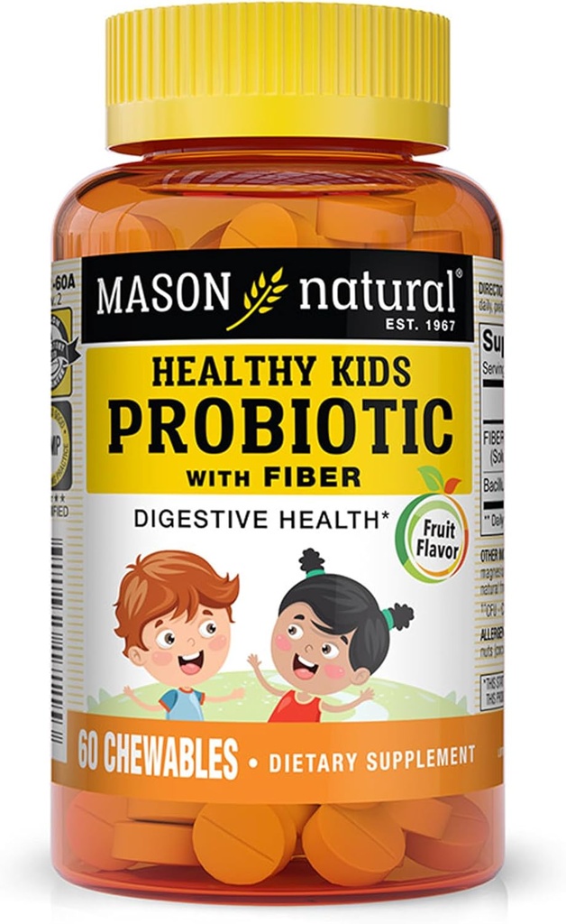 MASON NATURAL Zdravé děti Probiotika s fiber - Zdravá stravitelná funkce, Zlepšené zdraví, 60 Žvýkačky