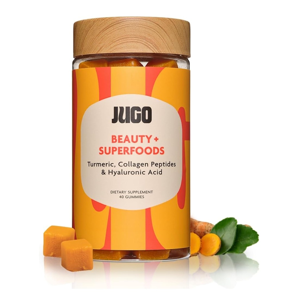 JUGO Beauty + SUPERFOODS CLANE124; Vlasové kožní nehty dodatek s Hyaluronic acid & Turmeric CLANE124; 40 Count Plant- Based Gummies CLANE124; Gelatin- Free, Non-GMO, Made in USA