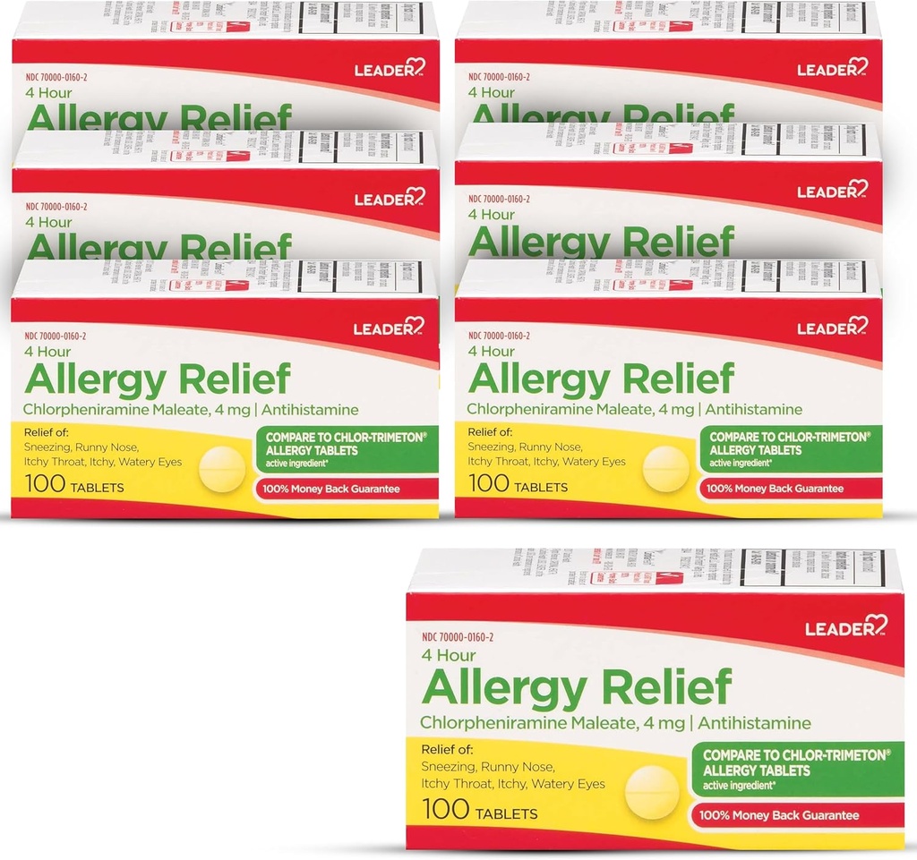 Leader 4 Hodina Alergie Relief, Chlorfeniramin Maleate tablety, Antihistamin, 4 mg, 100 Počet (Balení po 6)