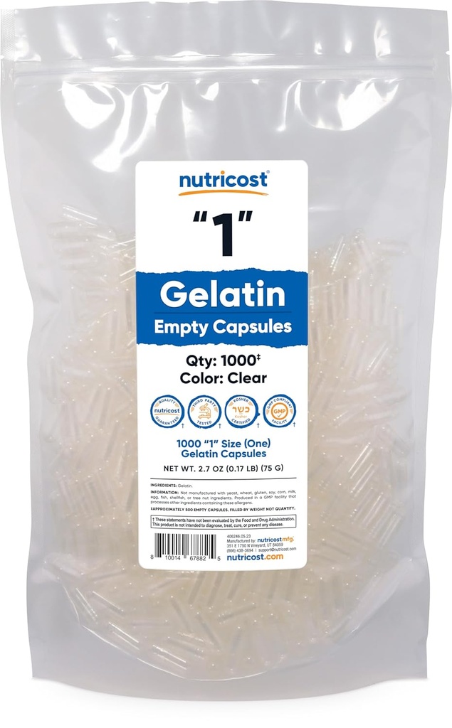 Nutricost Prázdné kapsle Želatina Velikost 1- 1000 Čisté prázdné '1' Gel kapsle - Kosher, Non- GMO, Soy Free, Gluten Free