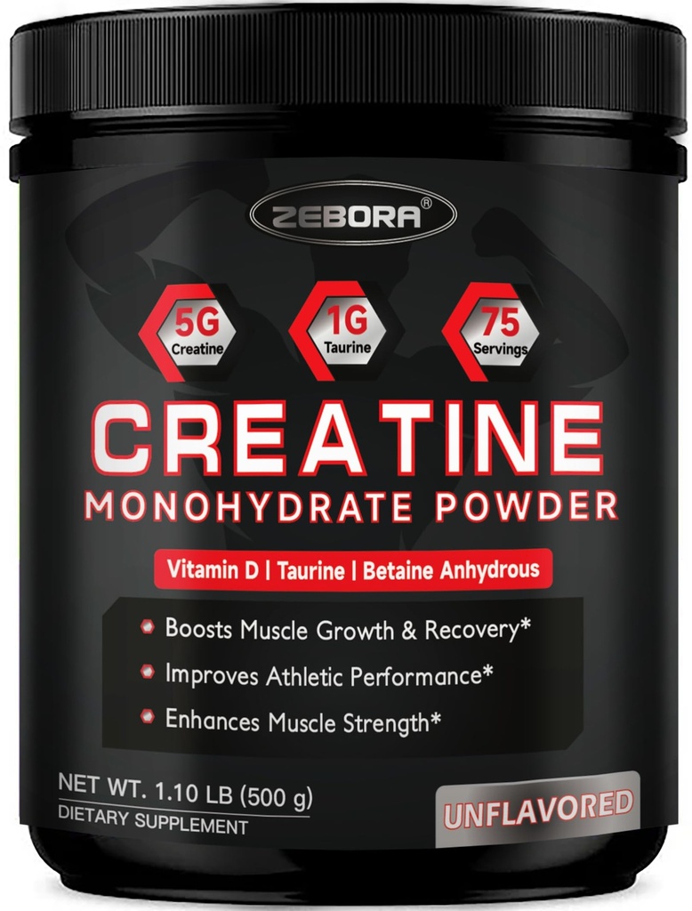 Zebora Mikronizovaný kreatin Monohydrát Prášek, Creatine Monohydrát pro ženy - Muži, Pomáhá svalové zotavení, Zlepší velikost svalů a sílu s 5G Creatin a 1G Taurin