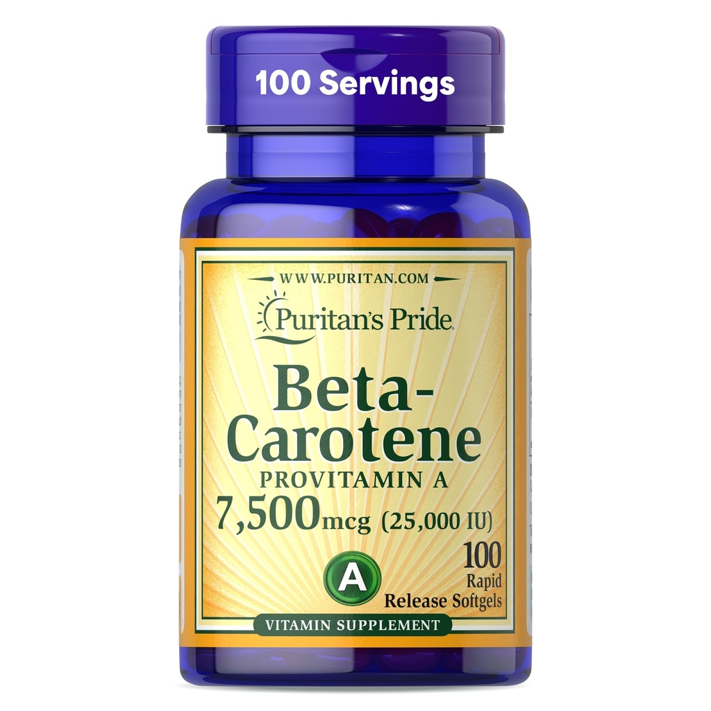 Puritan 's Pride Beta Carotene Provitamin A 7,500mcg (25,000 IU), Vitamin dodatek pro imunitní systém, Antioxidant a Oční Zdraví Podpora, 100 Day Supply, 100 Rychlé uvolnění Softgels