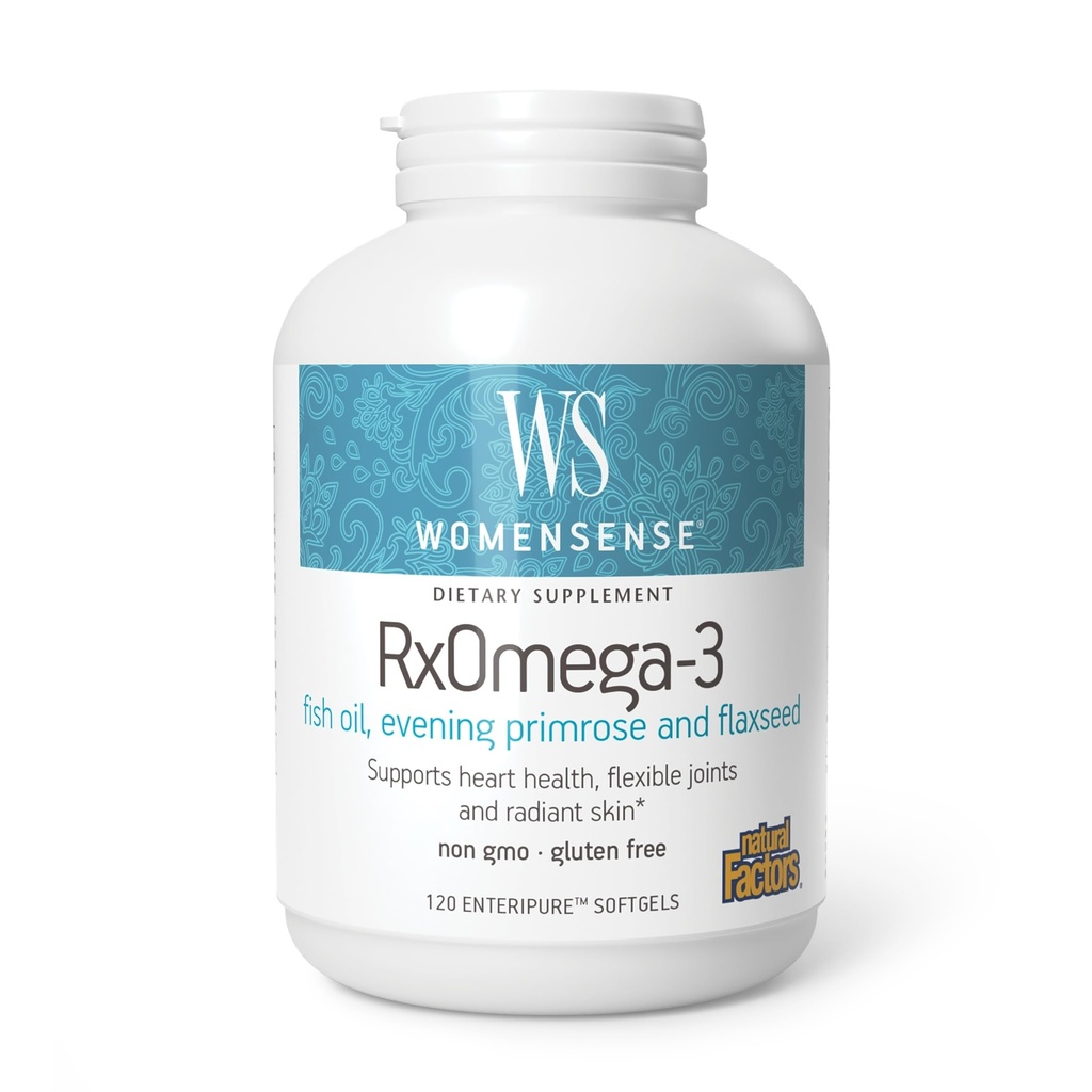 WomenSense by Natural Factors, RxOmega33 Fish Oil, Podporuje zdravé srdce a spojky s Primrose Oil, Omega33 DHA a EPA, Gluten Free, 120 softgels (60 porcí)
