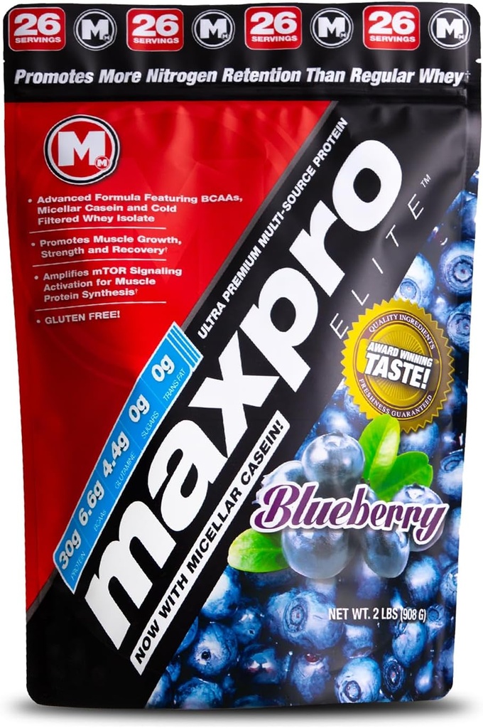 Max Muscle Maxpro Elite Whey Protein Powder 124; 30g Protein Yellow 124; 0g Sugar Yellow 124; 6.6g BCAAs Yellow 124; Micelar Casein Studený filtrovaný syrovátkový izolát protein 124; Promotes Muscle Growth & Recovery (Blueberry, 2lb)