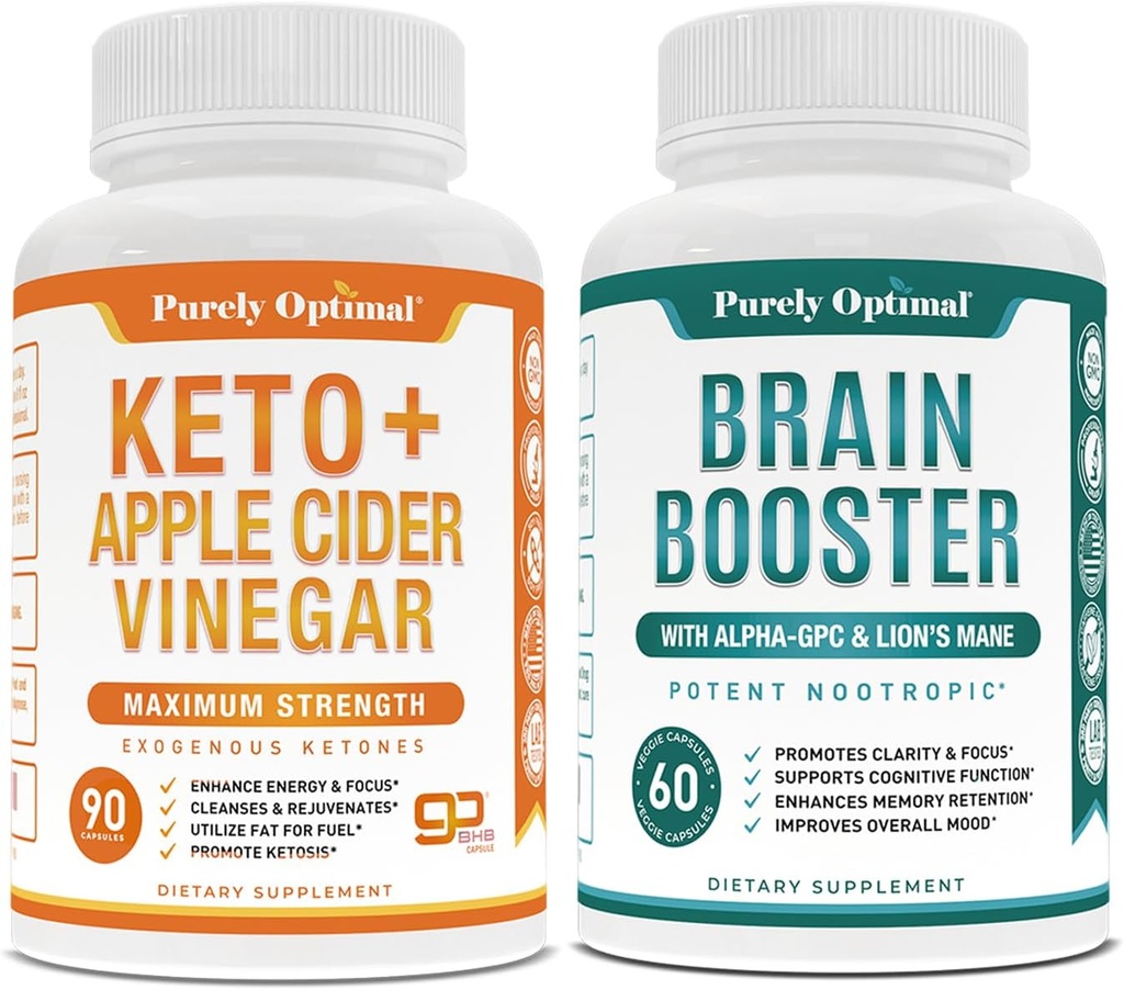 Čistě Optimální Premium Keto pilulky + Apple Cider Ocet Kapsle s Matkou + Premium Brain Supplement - Nootropní Brain Booster pro zaměření, jasnost, lepší paměť, koncentrace a lepší nálada