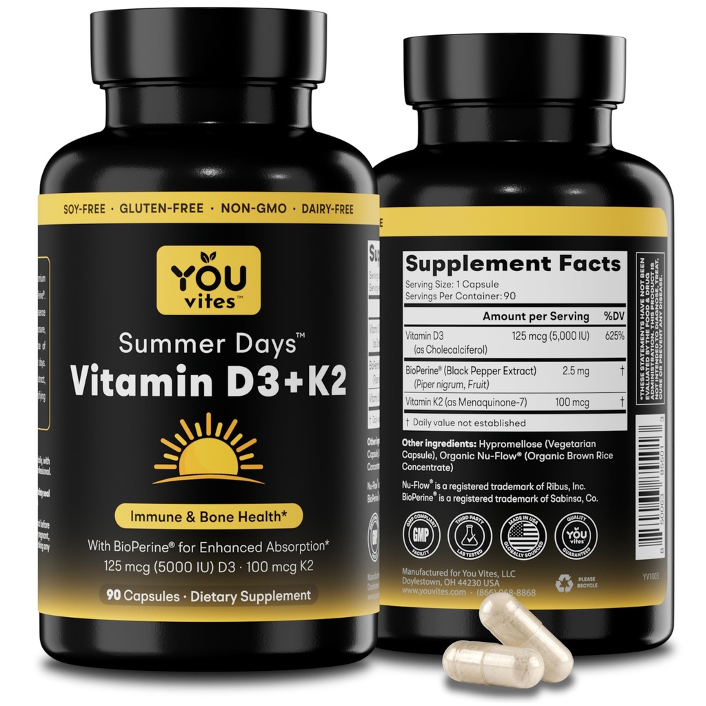Vitamin D3 + K2 - Max Absorpce, 5000 IU D3 & 100 mcg K2 MK-7 (Menachinone- 7) s BioPerine - Bone, Heart & Imunitation Support - Non- GMO, Gluten Free, Soy Free - 90 Kapsle - Denní dodatek
