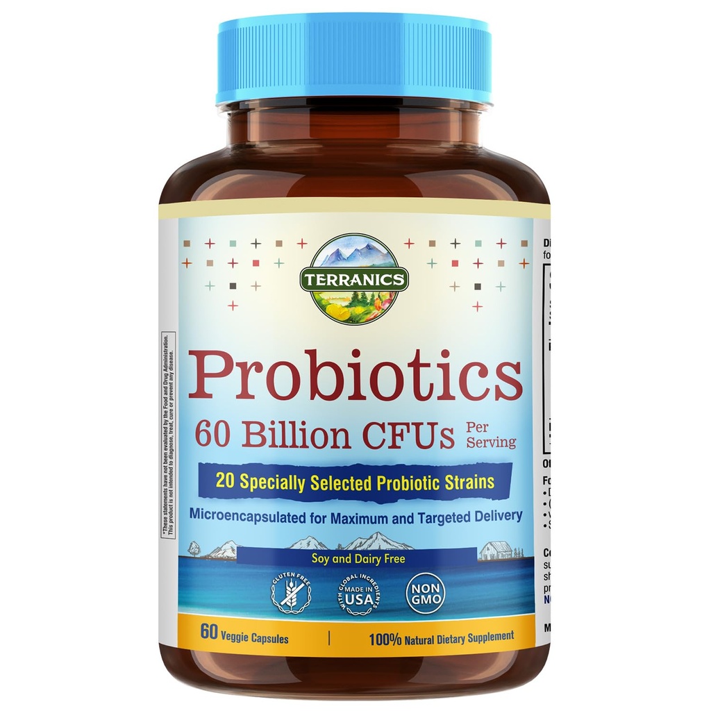 Terranics Probiotics 60 Milionů CFU, 20 Strany, 60 Veg Kapsle, Prebiotika & Probiotika, Stabilní Probiotický dodatek pro muže a ženy, Digestive & Imunní zdraví, Non- GMO, NO Soy, Dairy & Gluten