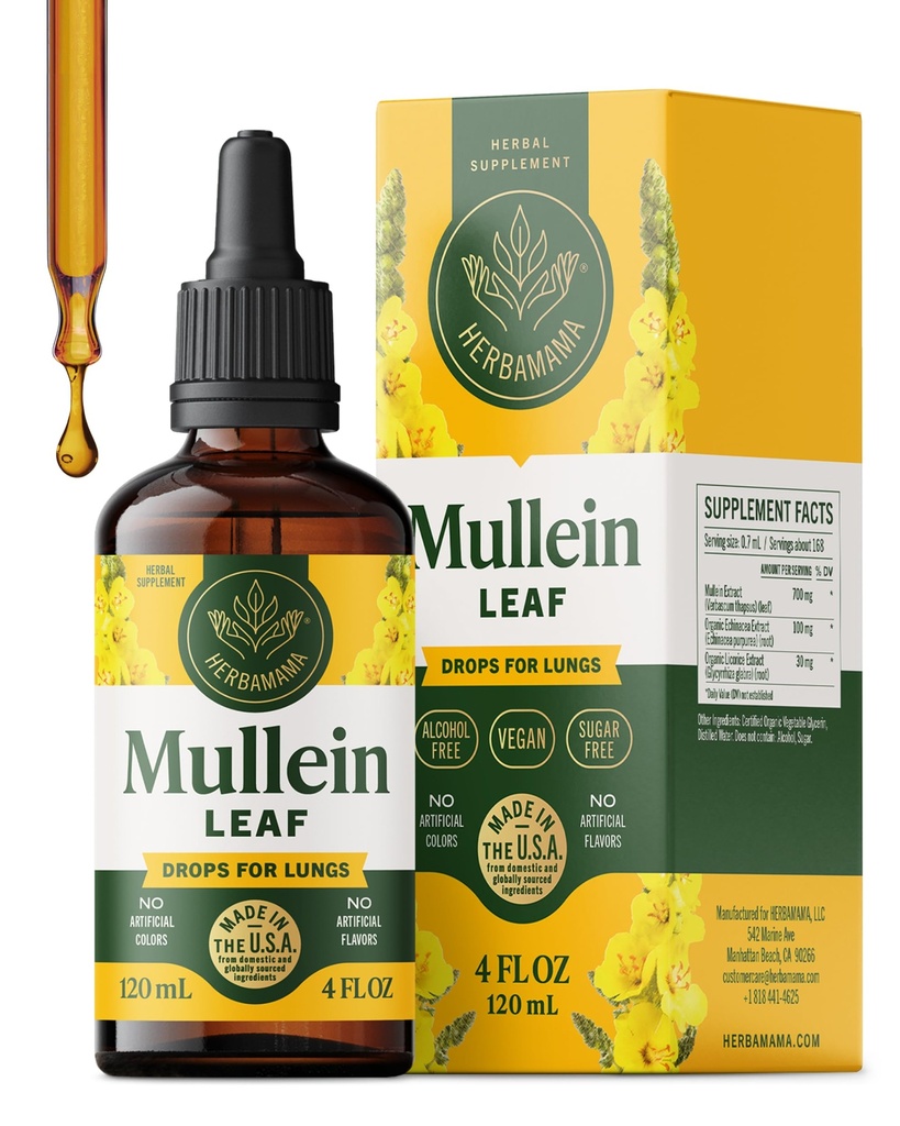 HERBAMAMA Mullein Drops for Lungs - Vegan Lung Cleanse with Mullein Leaf Extract, Echinacea Tincture & Licence - Non- GMO, Alkohol & Sugar- Free Respirační Supplement - 56- Day Supply