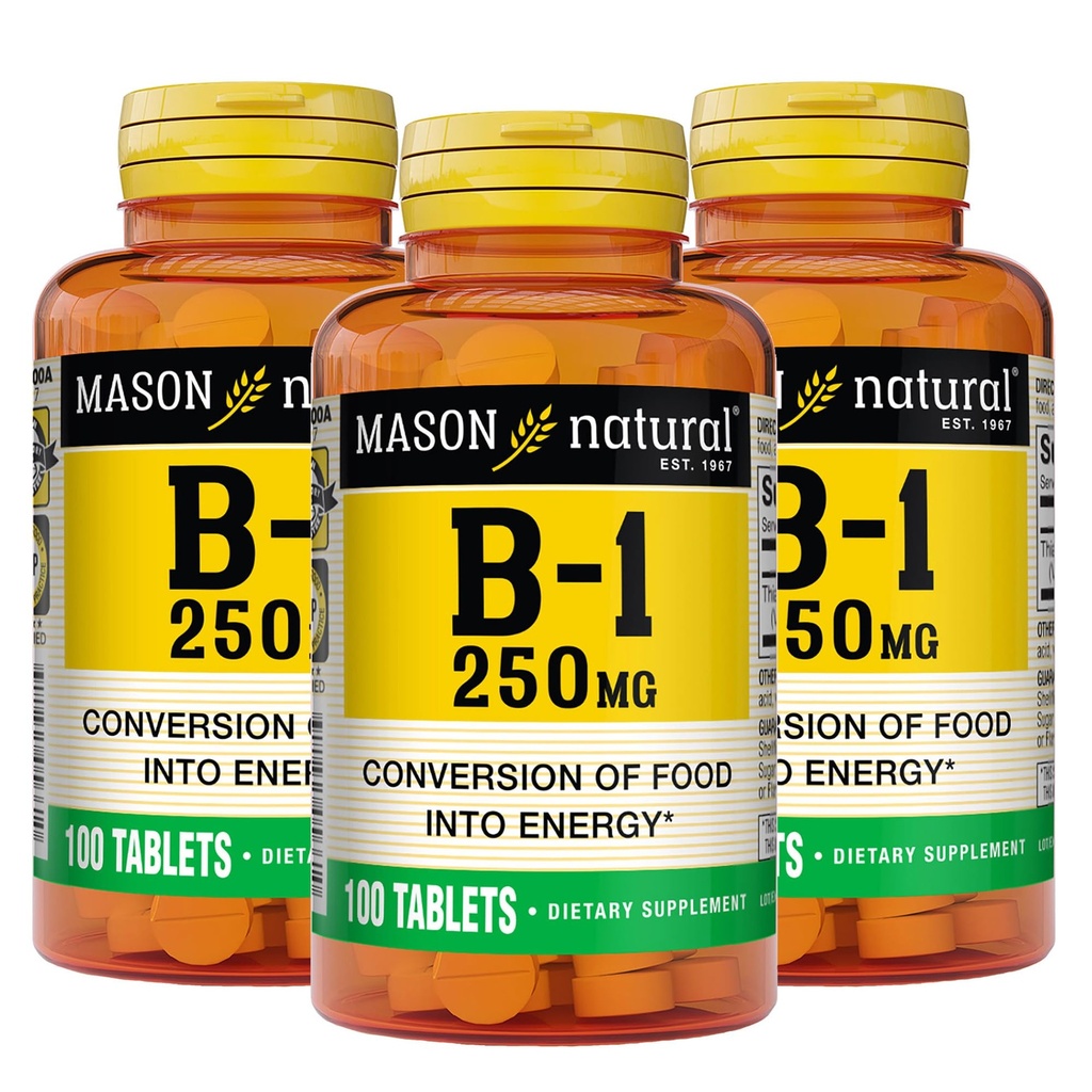 MASON NATURAL Vitamin B1 Thiamin 250 mg, 300, Denní dodávky, Dietní dodatek k podpoře přírodních energetických úrovní, 100 tablet (balení po 3)