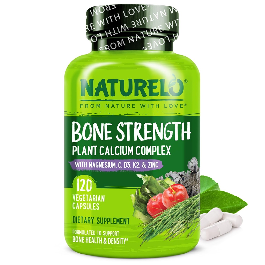 NATURELO doplněk vápníku - s vitaminem C, vitaminem D3, K2, a hořčík zinek pro sílu kostí s obsahem vápníku 600 mg - Plant- based, 120 Vegetariánské kapsle, non-GMO, Soy & gluten- bez