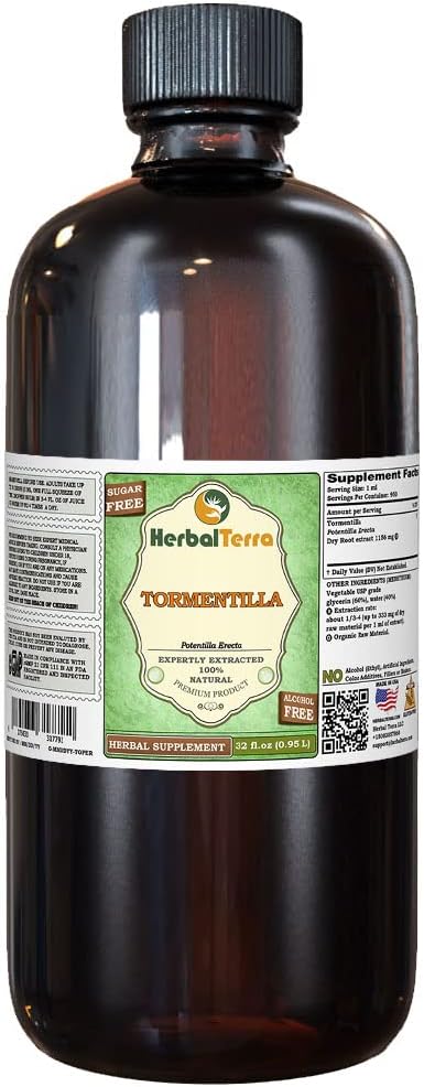 Tormentilla (Potentilla erecta) Glycerit, sušený Roots Alcohol- Free Liquid Extract (Značka: HerbalTerra, Proudly Made in USA) 32 fl.oz (0,95 l)