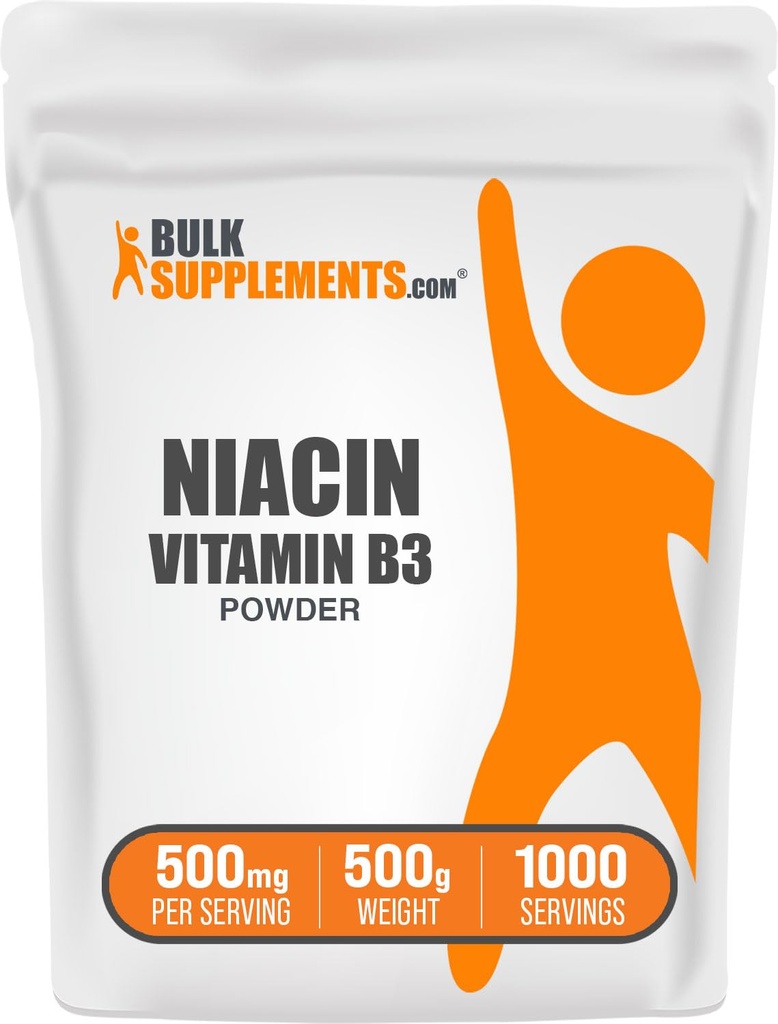 BulkSupplements.com Niacin Powder - vitamin B3 Supplementary, Niacin 500mg - Niacin Flush, Niacin with Flushing - Gluten Free, 500mg Niacinu per Serving, 500g (1, 1 lbs) (Balení po 1)