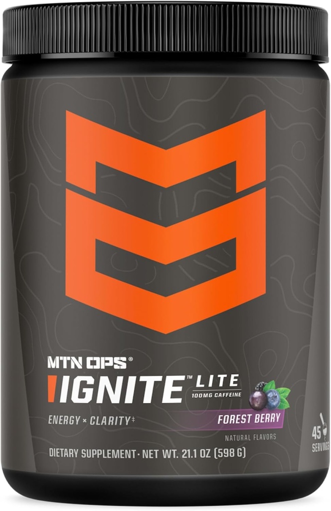 MTN OPS Ignite Lite Energy Drink Powder Gluten Free Nitric Oxide Supplement Drink Mix, L Arginin, L Citruline, Kofein & Nootropic Sugar Free Drink Mix, 45 Servings, Forest Berry