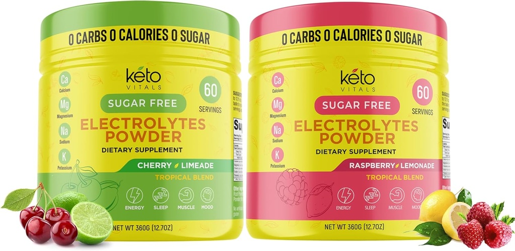Keto Vitals Cherry Limeade Bundle with Raspberry Lemonade - 2 Pack Bundle Keto Electrolytes Powder - Elektrolyty s draslíkem, hořčík, sodík, vápník - Cherry Limeade & Raspberry Lemonade