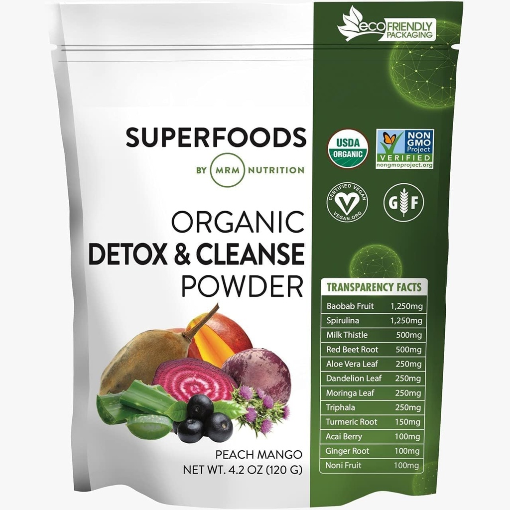 MRM Nutrition Organic Detox and Cleanse Powder 124; Peach Mango Ochucené 124; Gentle Daily Detox 124; Superfoods OF 124; Antioxidanty + chlorofyl + Phycocyanin + Electrolytes OF 124; 15 Servings