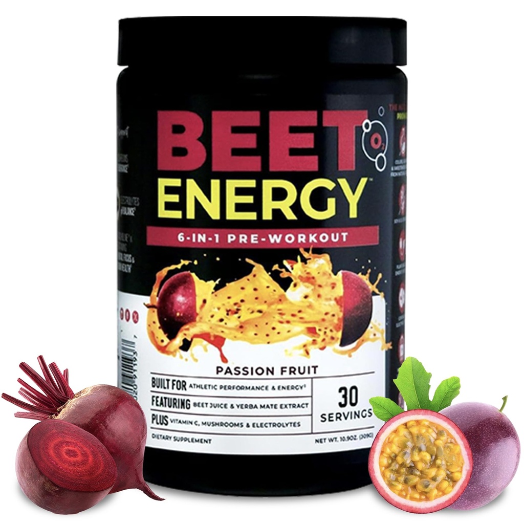Nutrology Beet Energy O2, Pre Workout Powder, Energy, Endurance & Nitric Oxide Booster with Beet Powder, Yerba Mate, Adaptogens & Electrolytes, Vegan Pre Workout, Passion Fruit Flavor, 30 Služeb