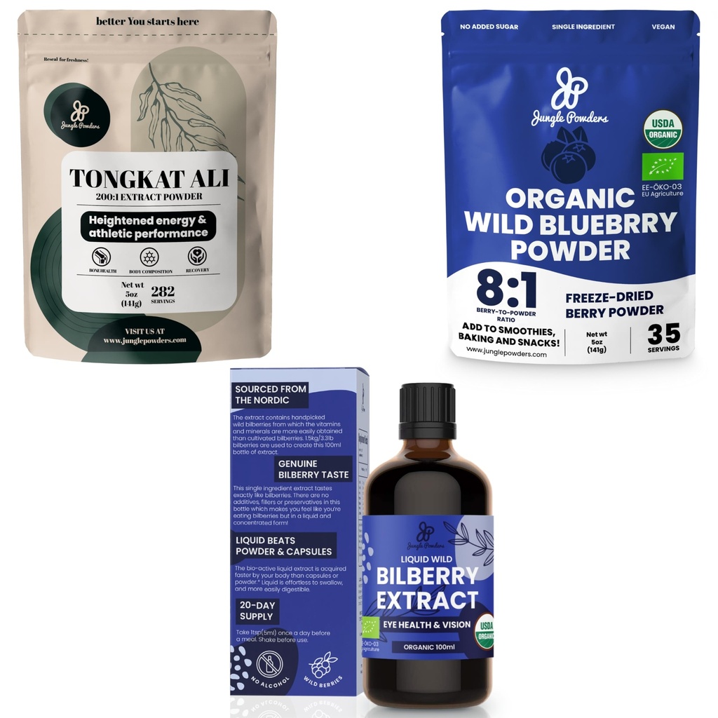 Jungle Powders Ultimate Men 's Health & Wellness Bundle: 5oz Tongkat Ali Powder, 5oz Wild Blueberry Powder & 3.4oz Organic Bilberry Liquid Extract - Prémiové doplňky pro pohon, vášeň, zrak