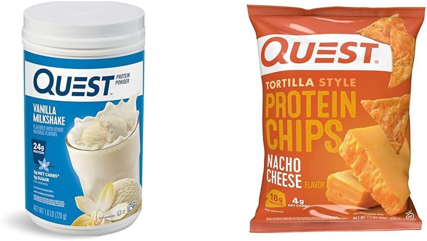 Quest Vanilla Milkshake Protein Powder, 24g Protein, 1.6lb + Quest Nacho Cheese Tortilla Style Protein Chips, 18g protein, balení po 12 ks
