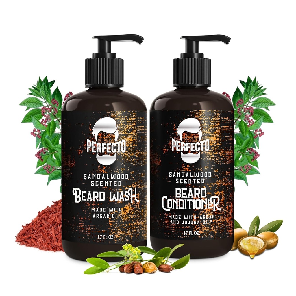 Perfecto Beard Wash & Beard Conditioner Set with Argan and Jojoba Oils - Zesílí a Softens - Natural Sandalwood Scent