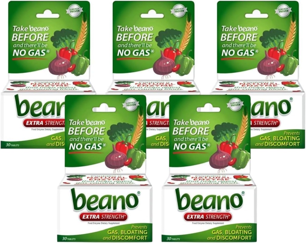 Beano Extra Strength, Gas Prevention & Digestive Enzyme Dodatek, 30 Počet (Balení 5)
