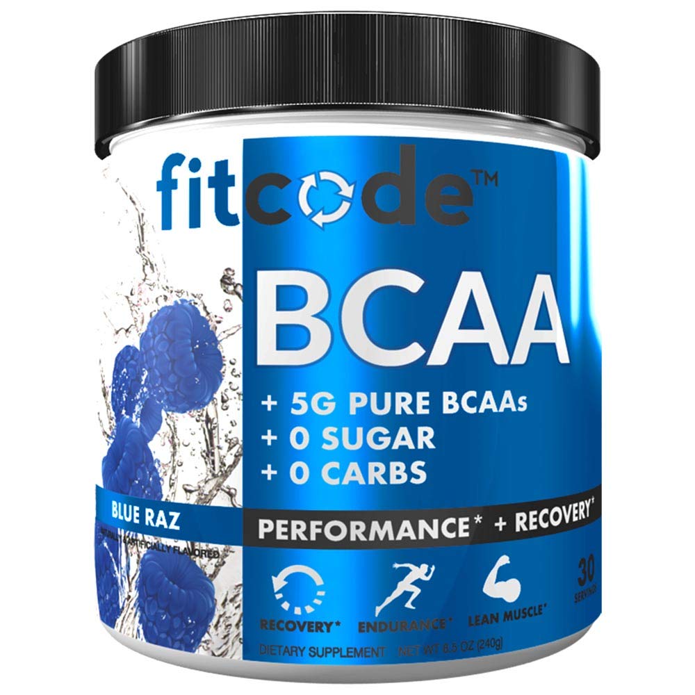 Fitcode Ultra Premium BCAA s 5G čistých BCAA s osvědčením 2: 1: 1 Poměr aminokyselin na pomoc po cvičení zotavení, Lean růst svalů, Vytrvalost, 30 Služeb (Blue Raz)