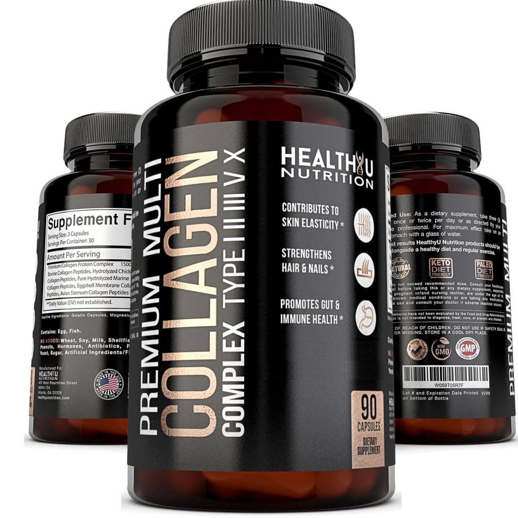 Premium Multi Collagen Peptides Pills - Hydrolyzované kolagenové kapsle pro muže a ženy Typy 1 2 3 5 10 - Kolagenové doplňky pro muže - Colageno Hidrolizado Pastillas para Hombre Mujer 90 čepice