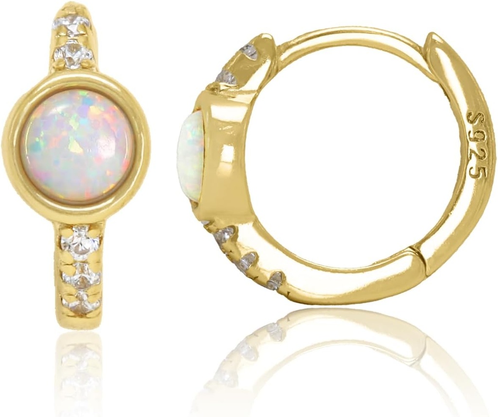 14K Gold Plated 925 Sterling Silver Vytvořeno White Opal Huggie Hoop náušnice