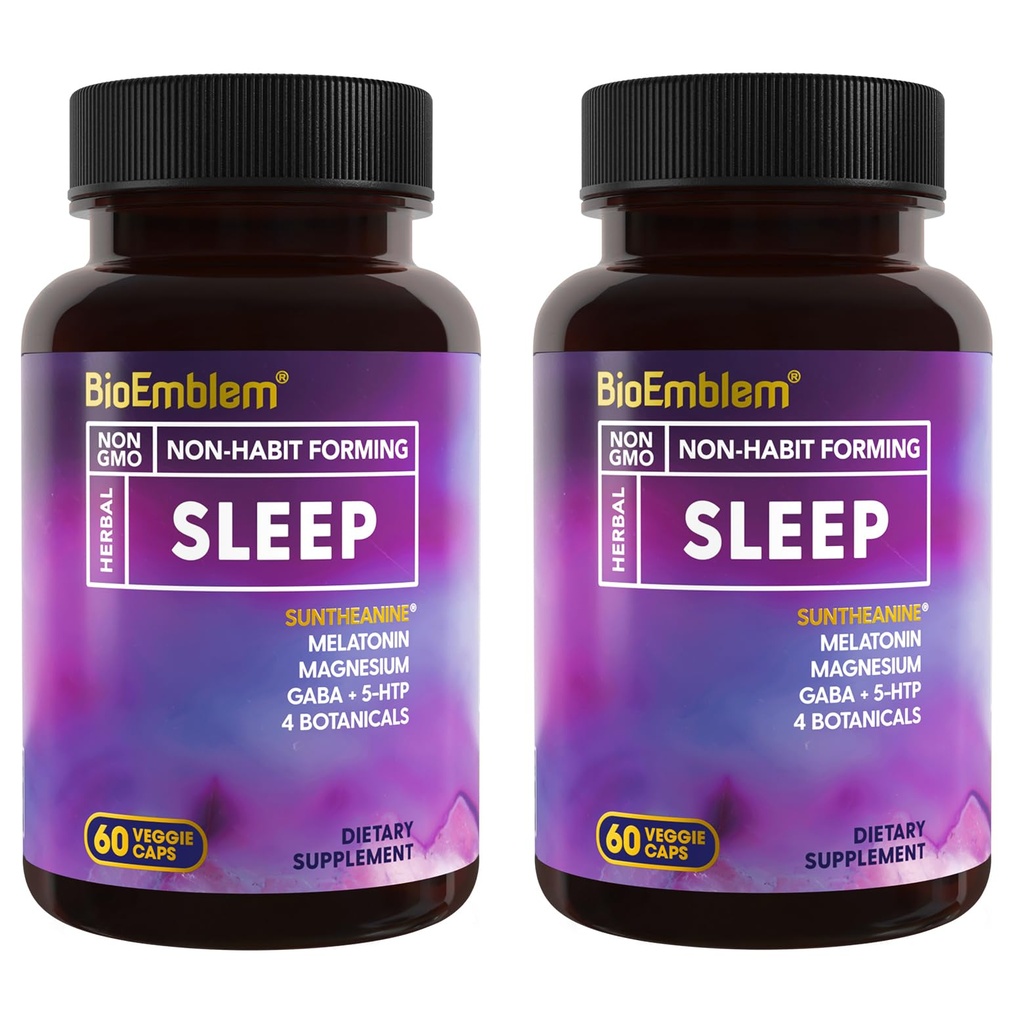 Biologický Emlem Přírodní spánková pomoc pro dospělé s melatonin, Valerian Root, Suntheanine & Více capsule 124; Zdravý spánkový doplněk 124; Bylinné prášky Spící 124; 60 Kapsle, 2 Pack