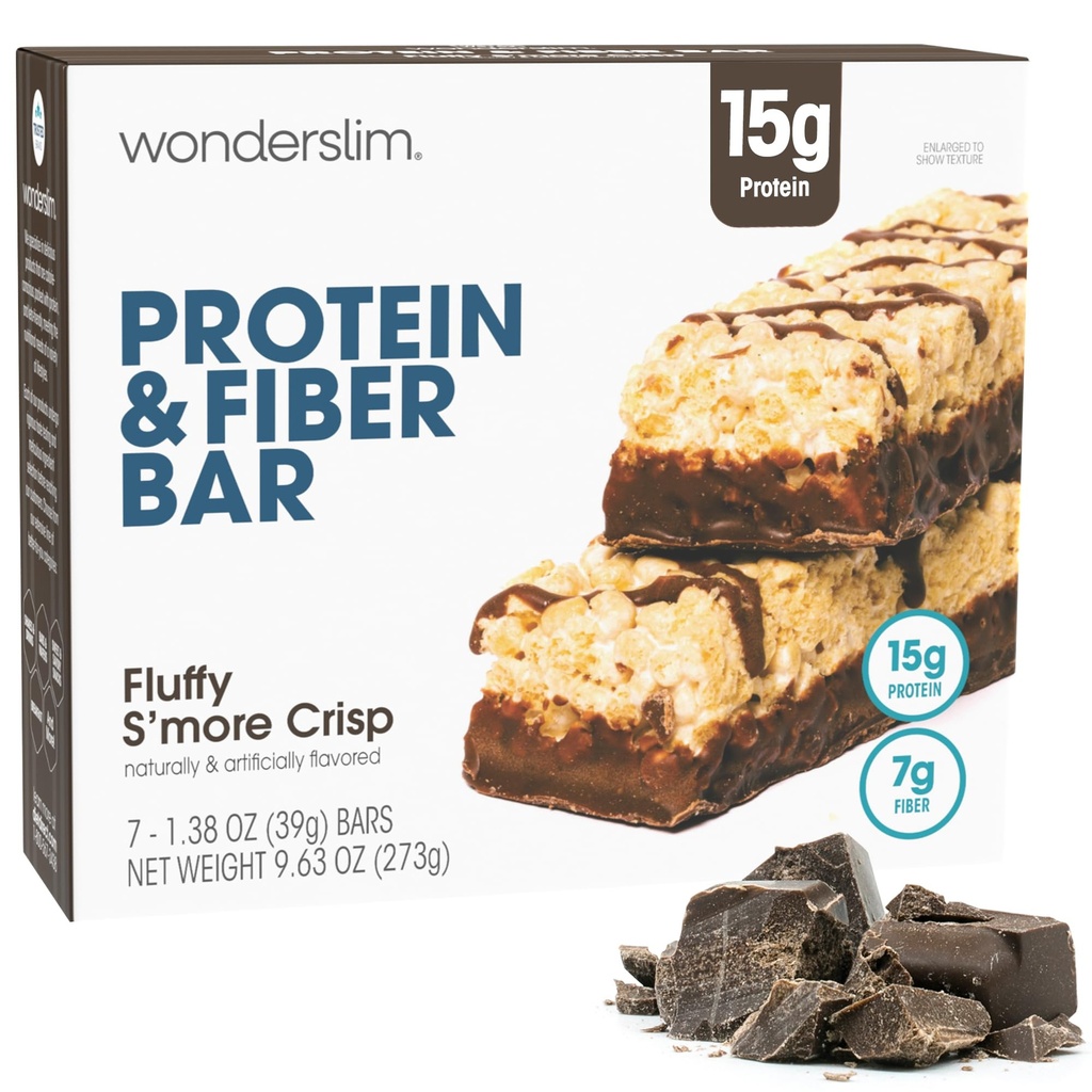 Wonderslim High Fiber Protein Bary, Fluffy S 'more Crisp 124; 15g Protein, 8g Fiber 124; Nízký cukr, Nízký karb 124; Zdravá Indulence 124; Uspokojivý, Podporuje energii & On- the- - Convenience, 7 Pack