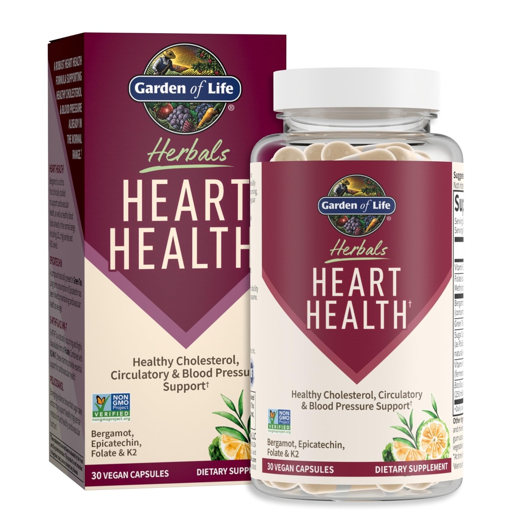 Zahrada života Herbals Srdeční doplněk s Folátem, Bergamot, Zelený čaj & Vitamin E & K pro Cholesterol, Cirkulatory & Krevní tlak Podpora, Non- GMO, Gluten- Free, Citrus Flavor, 30 Služení