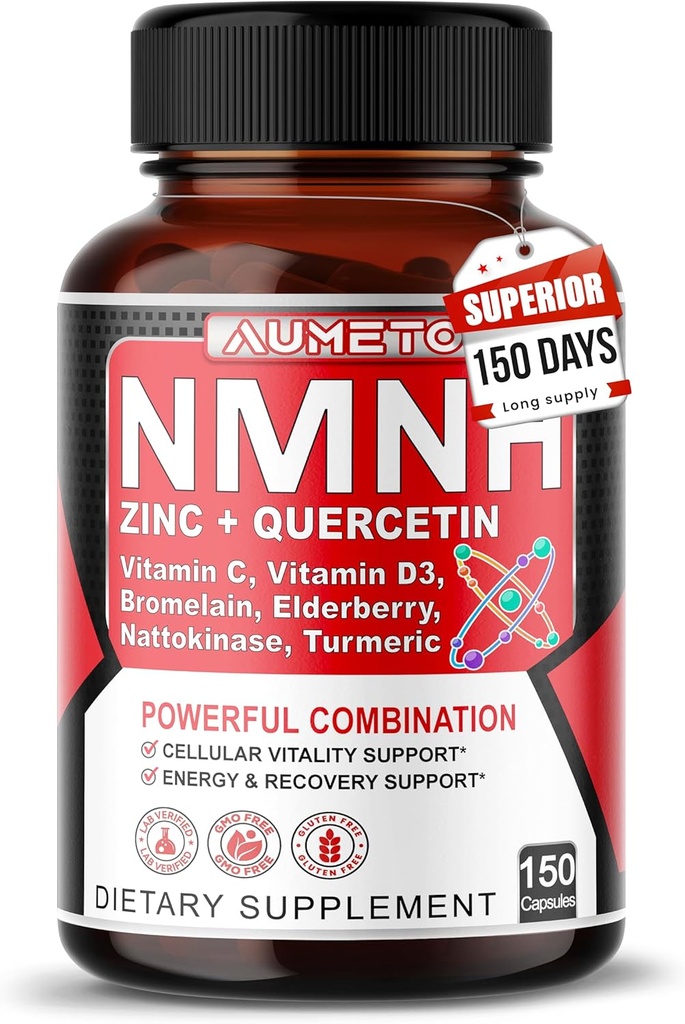NMNH 600 mg se zinkem, Quercetinem, vitaminem D3, Elderberry & Nattokinázou - Denní celulární Wellness & Zdravé stárnutí Podpora - 150 Kapsle - Made in USA