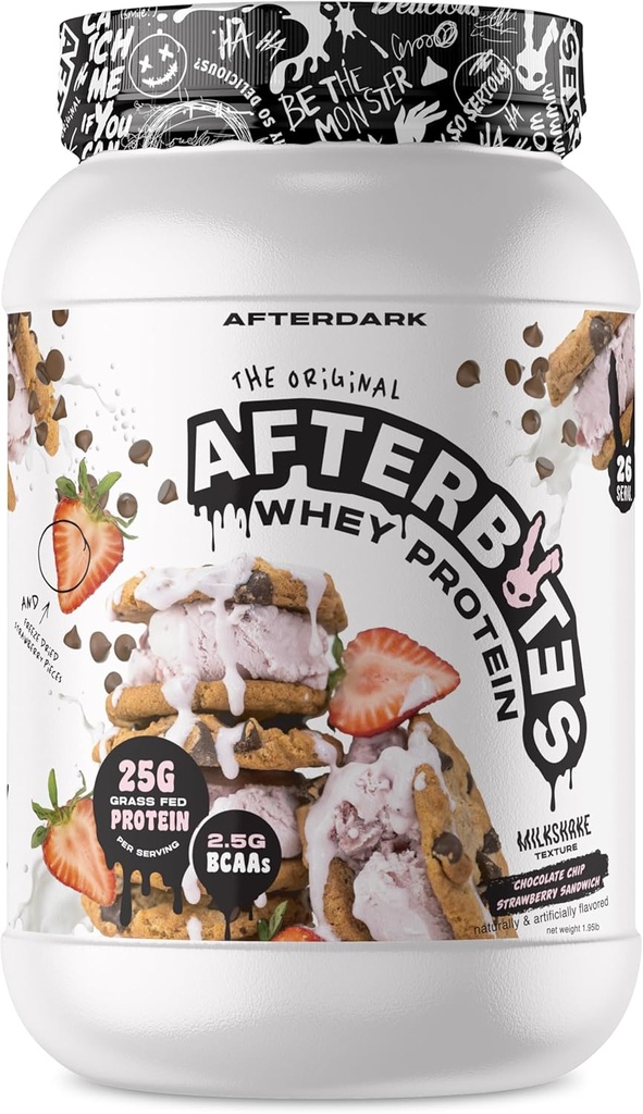 AFTERDARK Afterbits Whey Protein Powder, 25g Protein, 4.5g BCAA 's, Easy Disolving, No Umělé barvy nebo Filler, Izolát Protein, USA Made, 26 Servings, Jahodové sušenky Sandwich